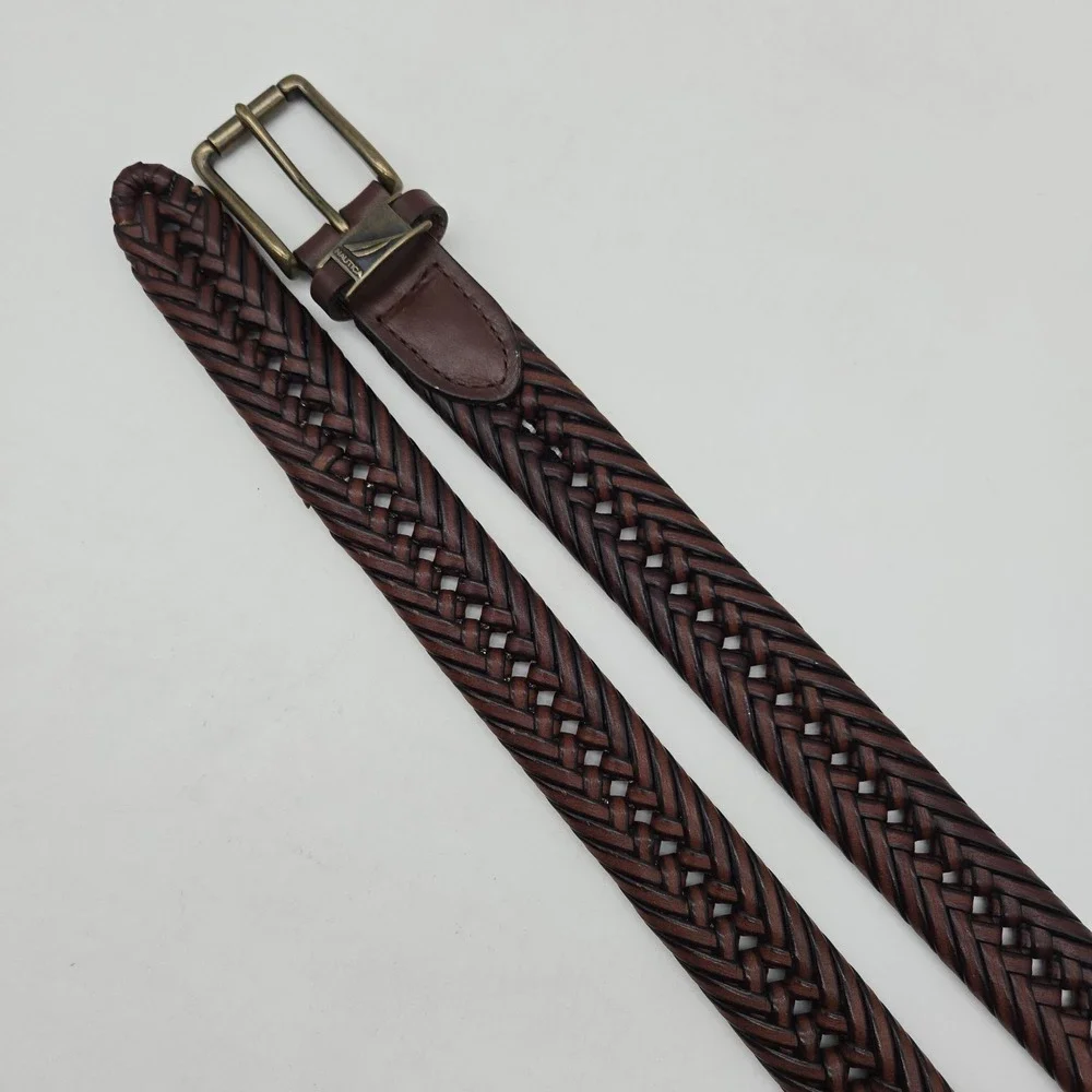 Nautica Braided Belt Brown Leather Mens 34 Bronze Buckle New